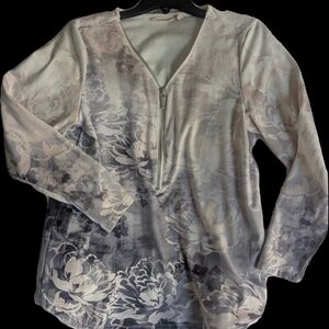 Soft Surroundings Floral Ombre Half-Zip Long Sleeve Top - Light Gray & White.